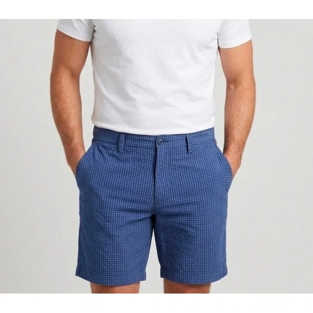 Tommy Hilfiger Mens Blue Gingham Seersucker Shorts Size 42‎ Flat Front Preppy